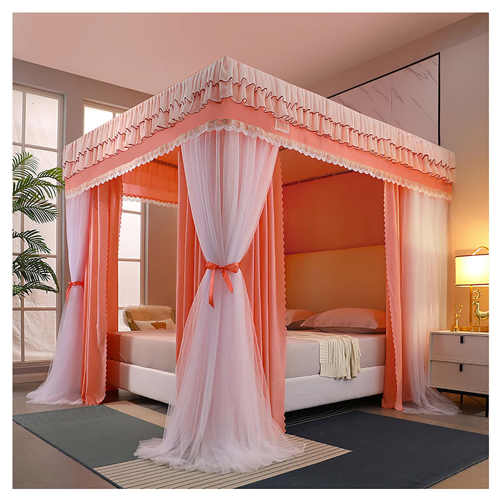 Canopy Bed Curtains, Mosquito Net for Bed 4 Poster Bed Canopy for Girls Princess Canopy Net Bedroom Bed Canopies & Drapes for Full/King/Queen Size Bed with Frame(Size:180×200×200cm,Color:Peach Fuzz)