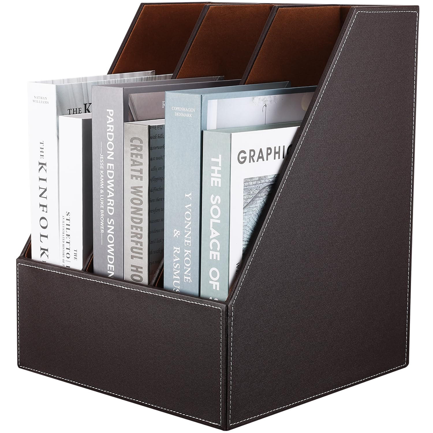 KINGFOM Desktop Wooden Leatherette Magazine File Holder-Organizer-3 Compartment Stand Rack-Papers Storage Box (brown)