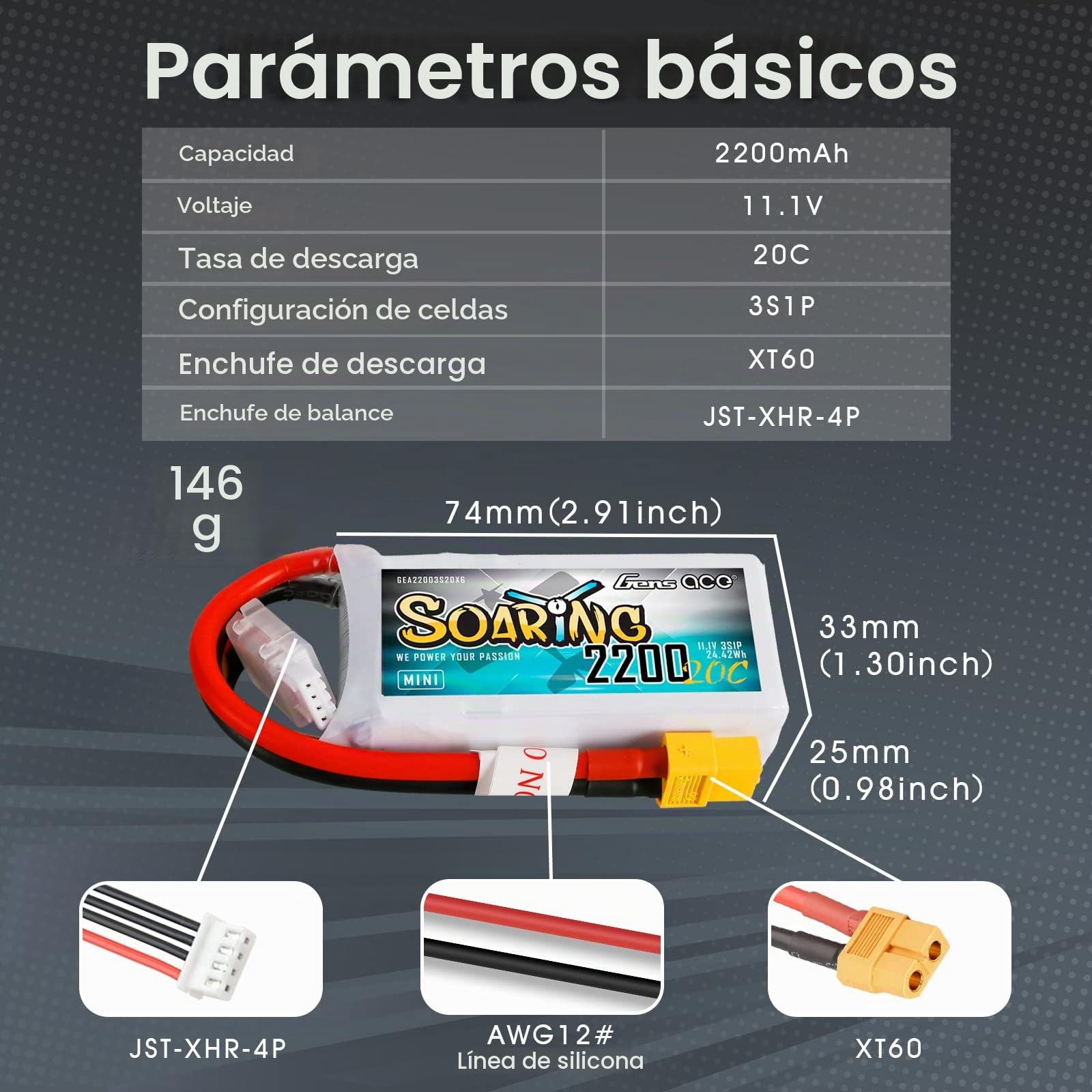 Gens ace 3s Batería Lipo 2200mAh 11.1V 20C Soaring con XT60 para RC Avión, Helicóptero, Quadcopter, Coche, Barco, Hobby