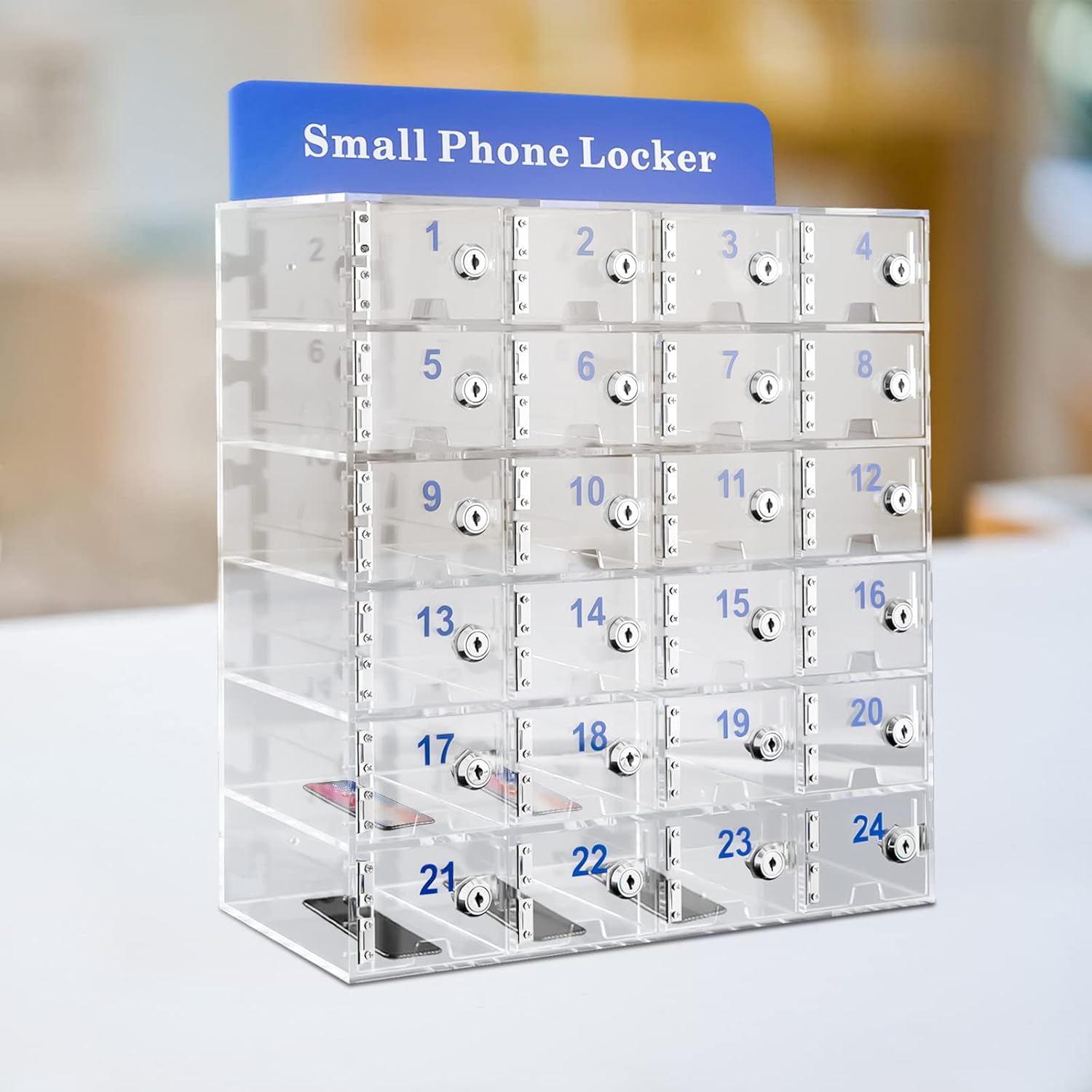 24 Slots Cell Phone Locker Box W/Door Locks and Keys Acrylic Cell Phone Storage Locker Wall-Mounted Clear Cell Phones Storage Cabinet for Employees, Office, School, Classroom, Conference Rooms