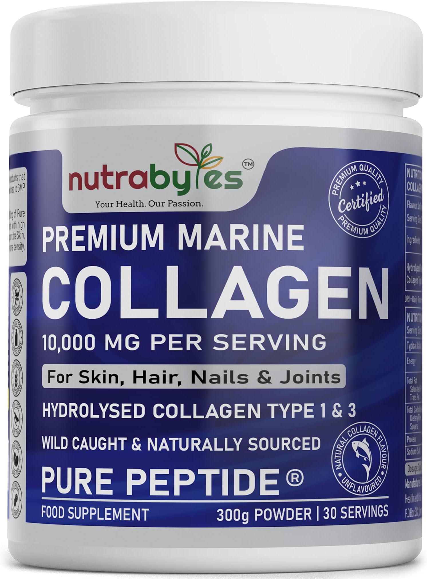 Marine Collagen Powder 10000mg Type 1 & 3 Unflavoured, Wild Caught Fish Hydrolysed Protein Peptides for Women & Men 19 Amino Acids, Kosher and Halal Certified - Healthy Skin Hair Nails Joints Gut