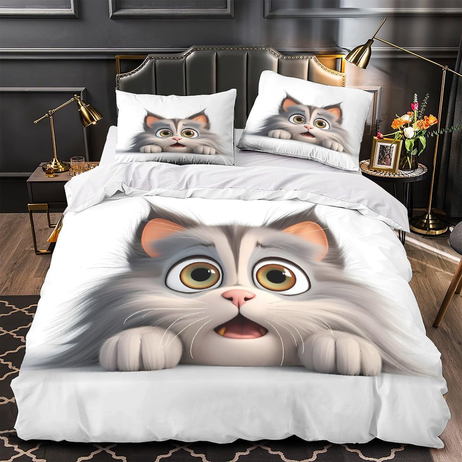 Parure de lit chaton mignon 135x200 housse de couette enfant microfibre douce