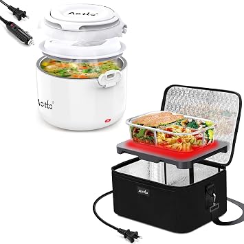 Aotto Portable Oven, Portable Microwave Food Warmer and Electric Heating Lunch Box Food Heater Bundle White and Black