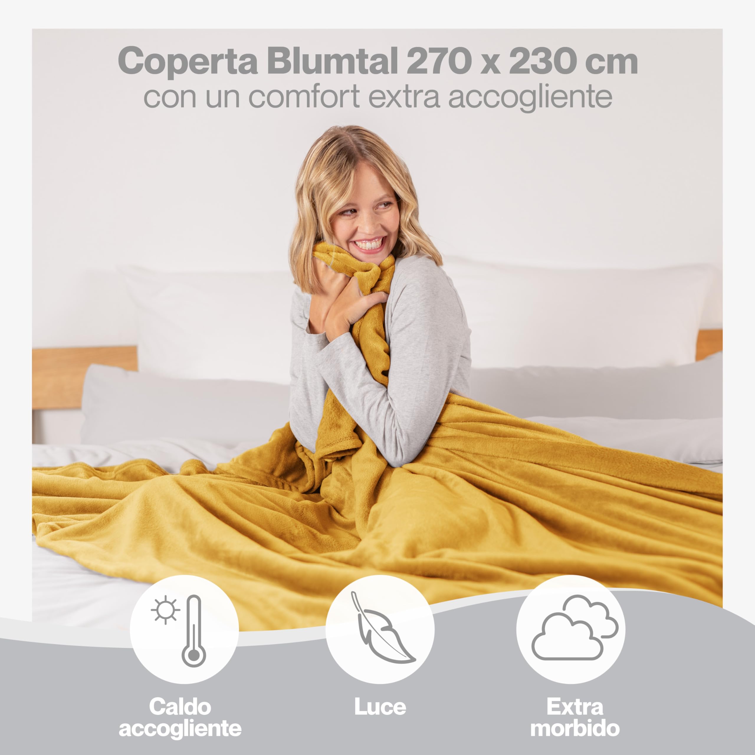Blumtal Coperta Pile 270x230cm - Coperta Plaid divano super morbida - Coperta Divano certificata OKEO-Tex - coperta per divano - coperta invernale - coperte in pail - plaid matrimoniale pile in ocra