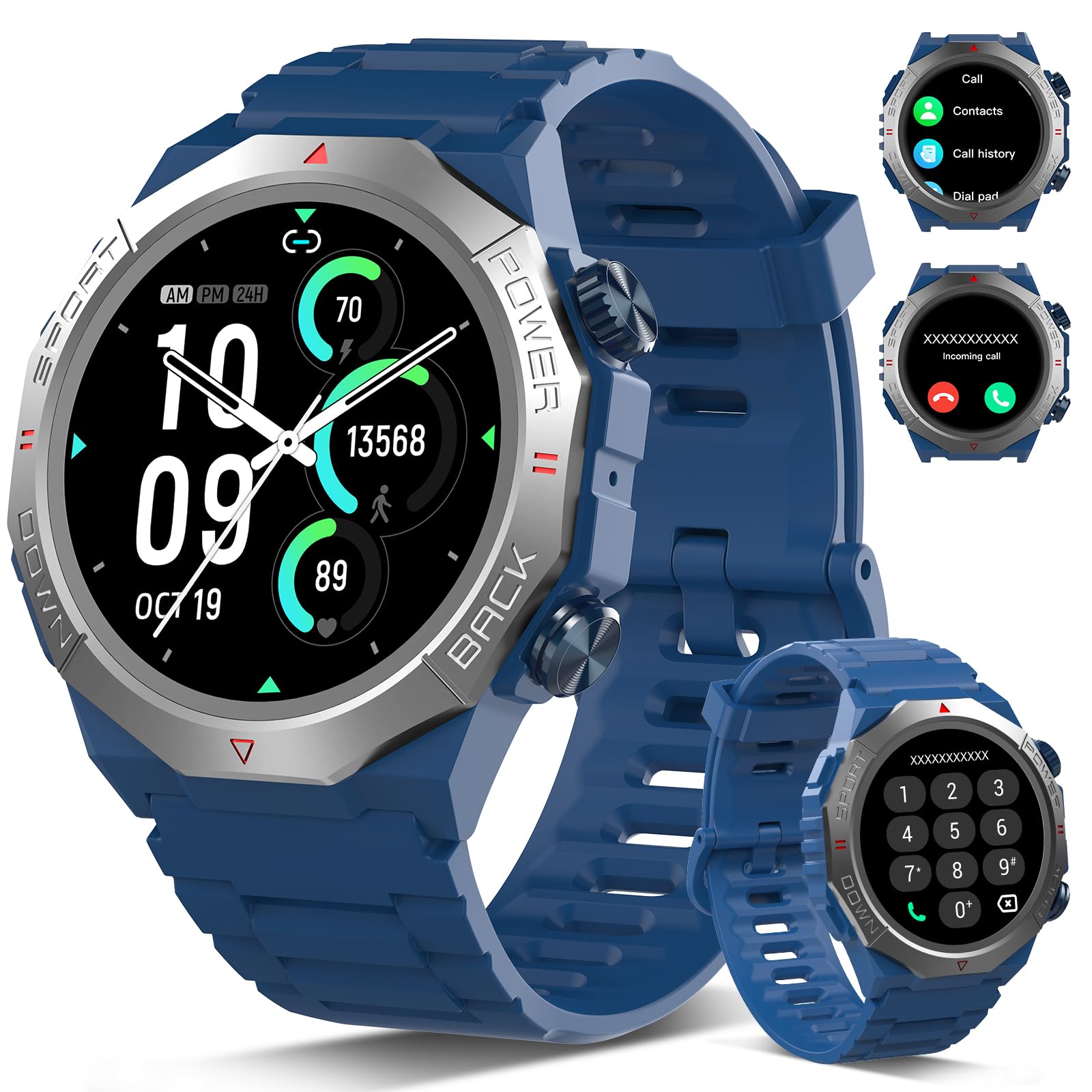 Smartwatch Uomo Donna con Effettua o Risposta Chiamate, 1.39" Militare Orologio Smartwatch, Sonno Cardiofrequenzimetro, 110+ Modalità Sportive Fitness Tracker, IP68 Smart Watch Android iOS, Blu