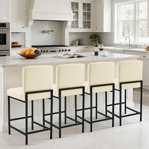 Miniatura 3 de Juego de 2 taburetes de bar de 24 pulgadas de altura de mostrador con respaldo, sillas de bar modernas tapizadas de piel sintética para isla de