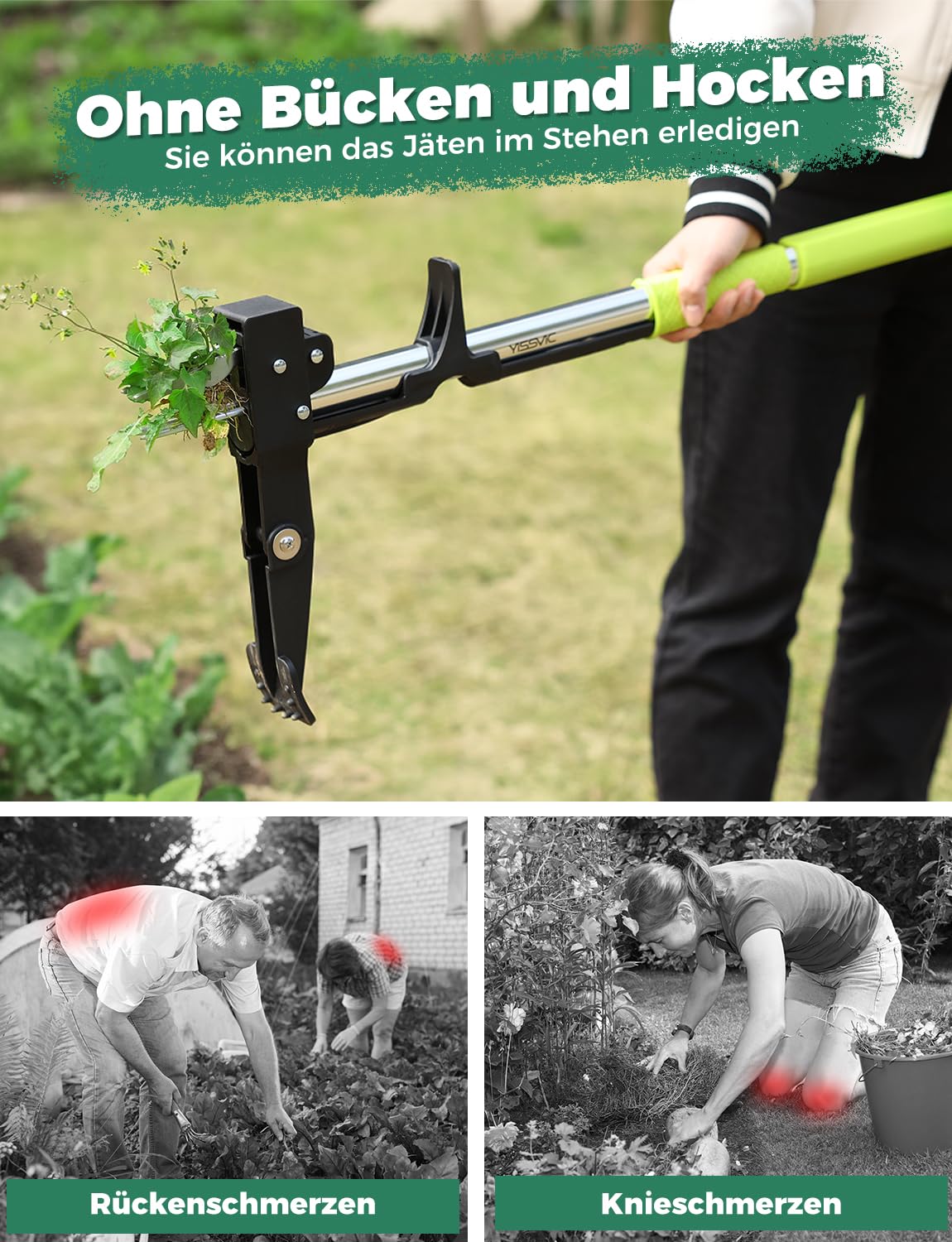 YISSVIC Unkrautstecher mit Stiel Teleskop Länge 100 CM-120 cm Hochfester Edelstahl 4 Krallen Unkrautentferner Keine Montage Grün