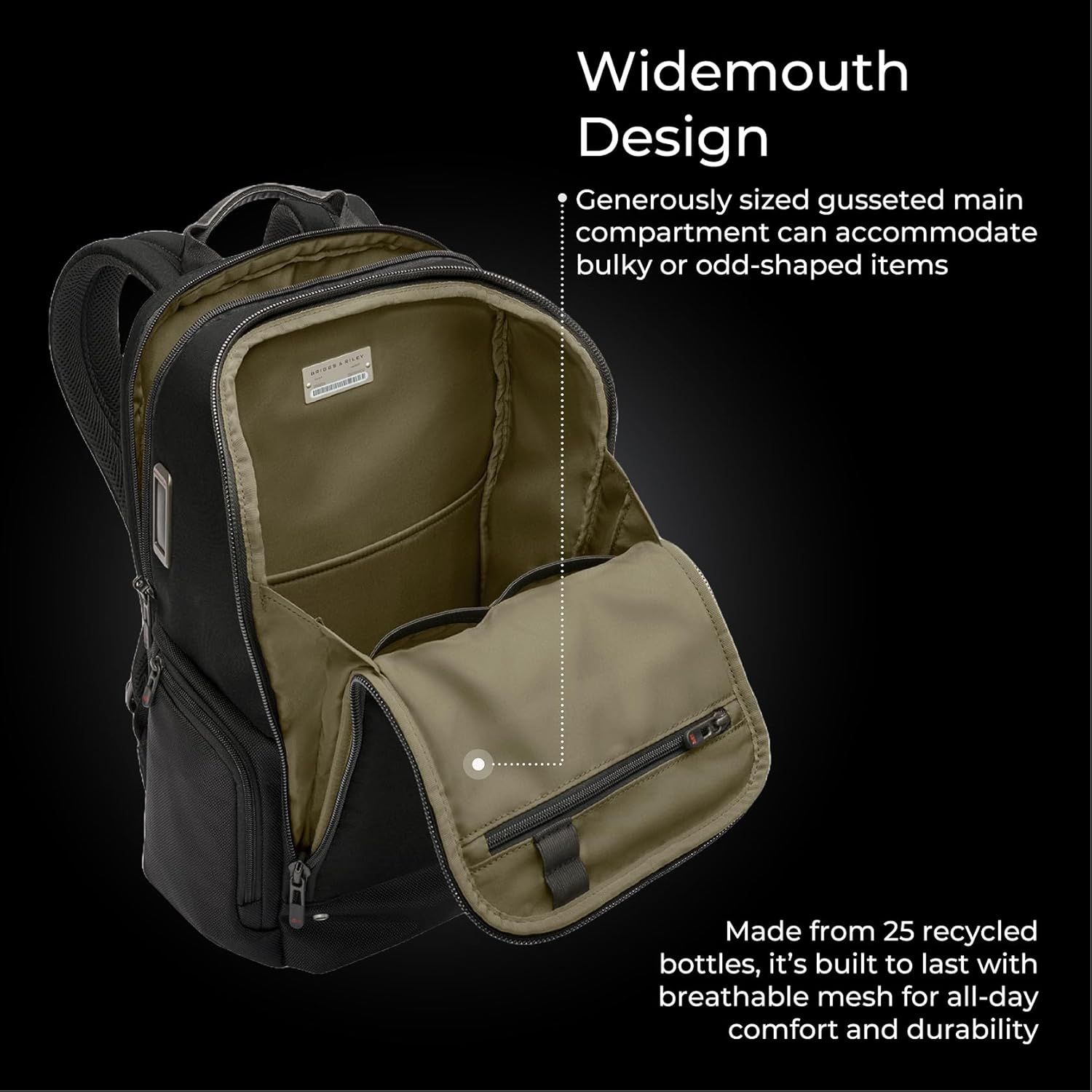 Briggs & Riley Medium Widemouth Backpack - Carry On Travel Backpack for Women & Men, Personal Item Bag, Self-Repairing Zippers, Padded Straps, Fits up to 15.6" Laptop - HTA Collection, Black - Image 3