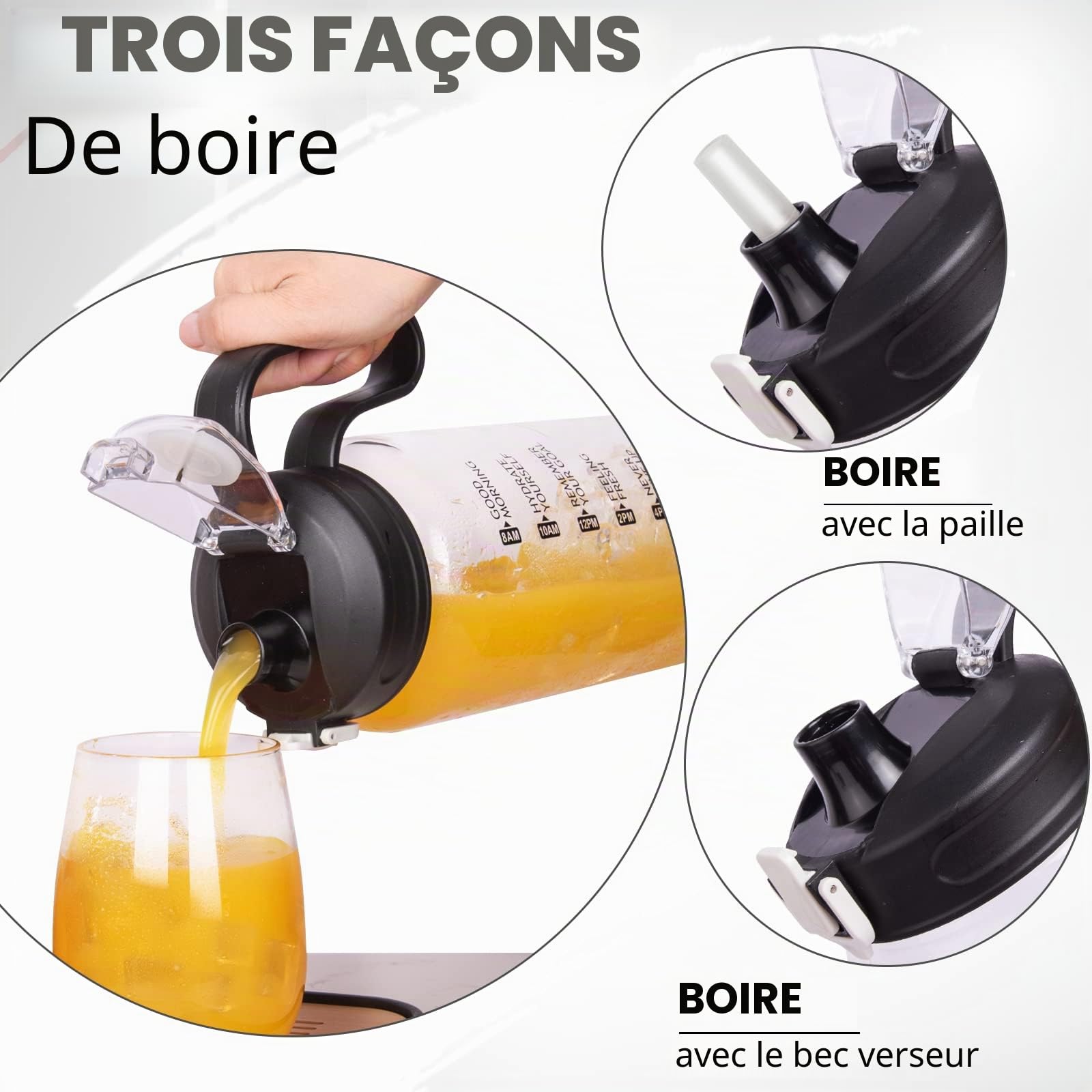 2l Gourde Verre Motivation avec Paille et Marqueur de Temps 2 litres grand transparente Bouteille eau Verre Borosilicaté Carafe eau Pichet en Verre