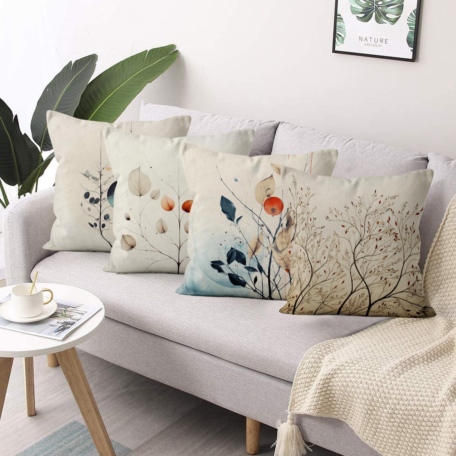 ASDCXZ Vintage Pillow Cover Set, 40x40 cm, Modern Retro Brown Beige Leaves Deco Washable Polyester Flax Textile Outdoor Pillow Cover - Image 2