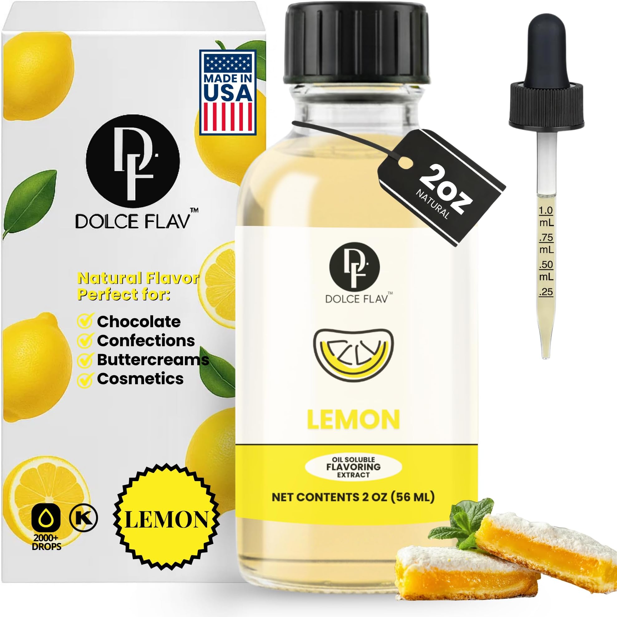Lemon Flavor Concentrate for Food & Cosmetics – 2 Oz. Multipurpose Lemon Flavouring Oil for Lip Gloss, Pastries, & Candies in Glass Bottle – Confection & Candy Flavoring Oils by Dolce Foglia (Keto)