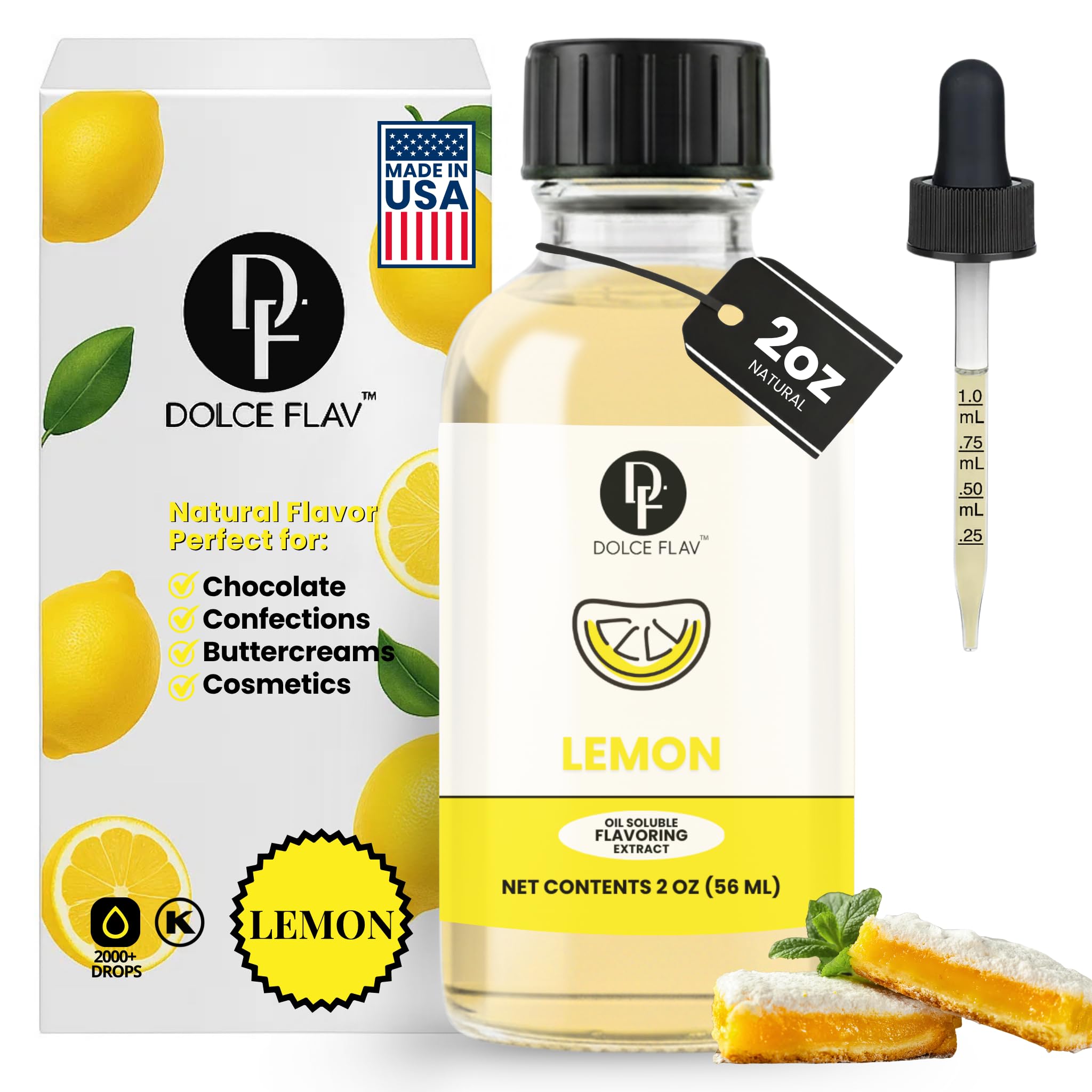 Lemon Flavor Concentrate for Food & Cosmetics – 2 Oz. Multipurpose Lemon Flavouring Oil for Lip Gloss, Pastries, & Candies in Glass Bottle – Confection & Candy Flavoring Oils by Dolce Foglia (Keto)