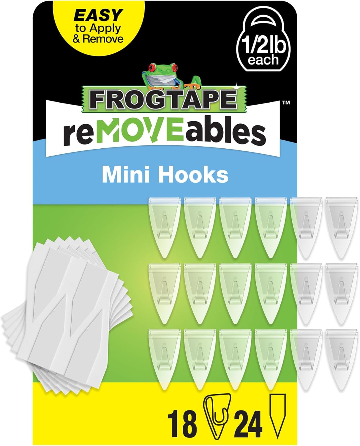 FrogTape reMOVEables Mini Adhesive Hooks for Hanging - 18 Clear Hooks & 24 Adhesive Strips - Damage-Free Indoor Clips for Lights, Keys, Wires, Decor - Removable & Reusable (Pack of 18)