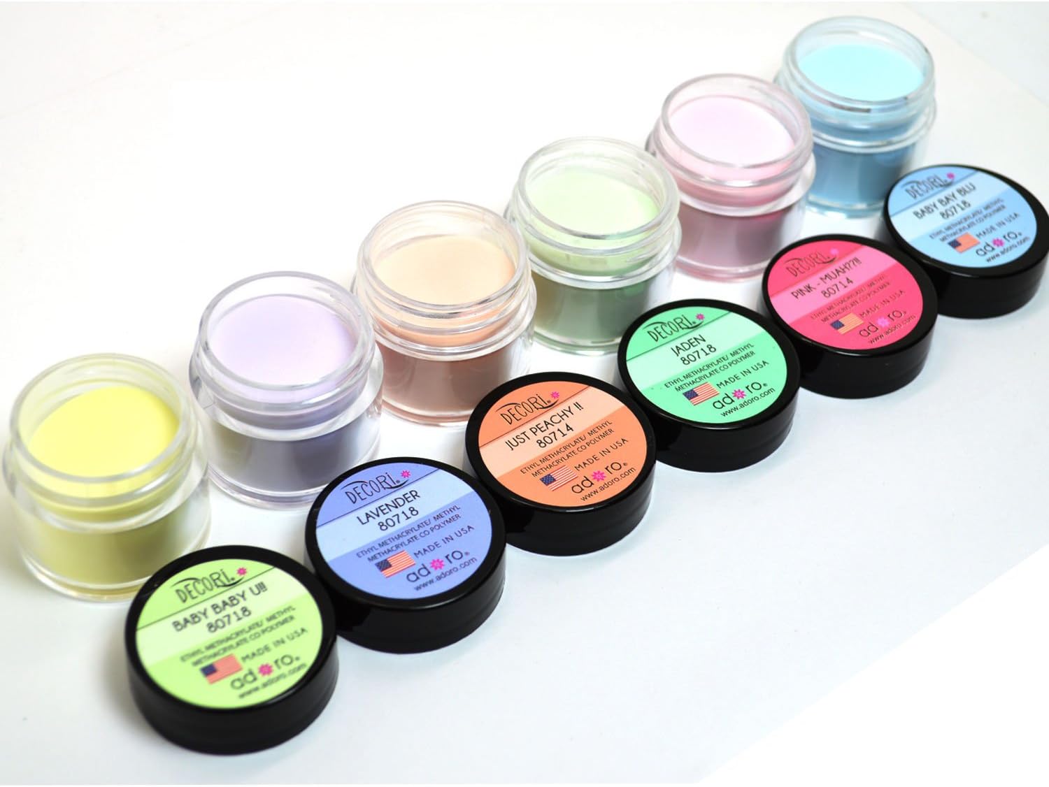 6 ADORO DECORI NAIL ART ACRYLIC POWDER SHEER PASTEL LIGHT COLOR" MADE IN USA" + FREE EARRING