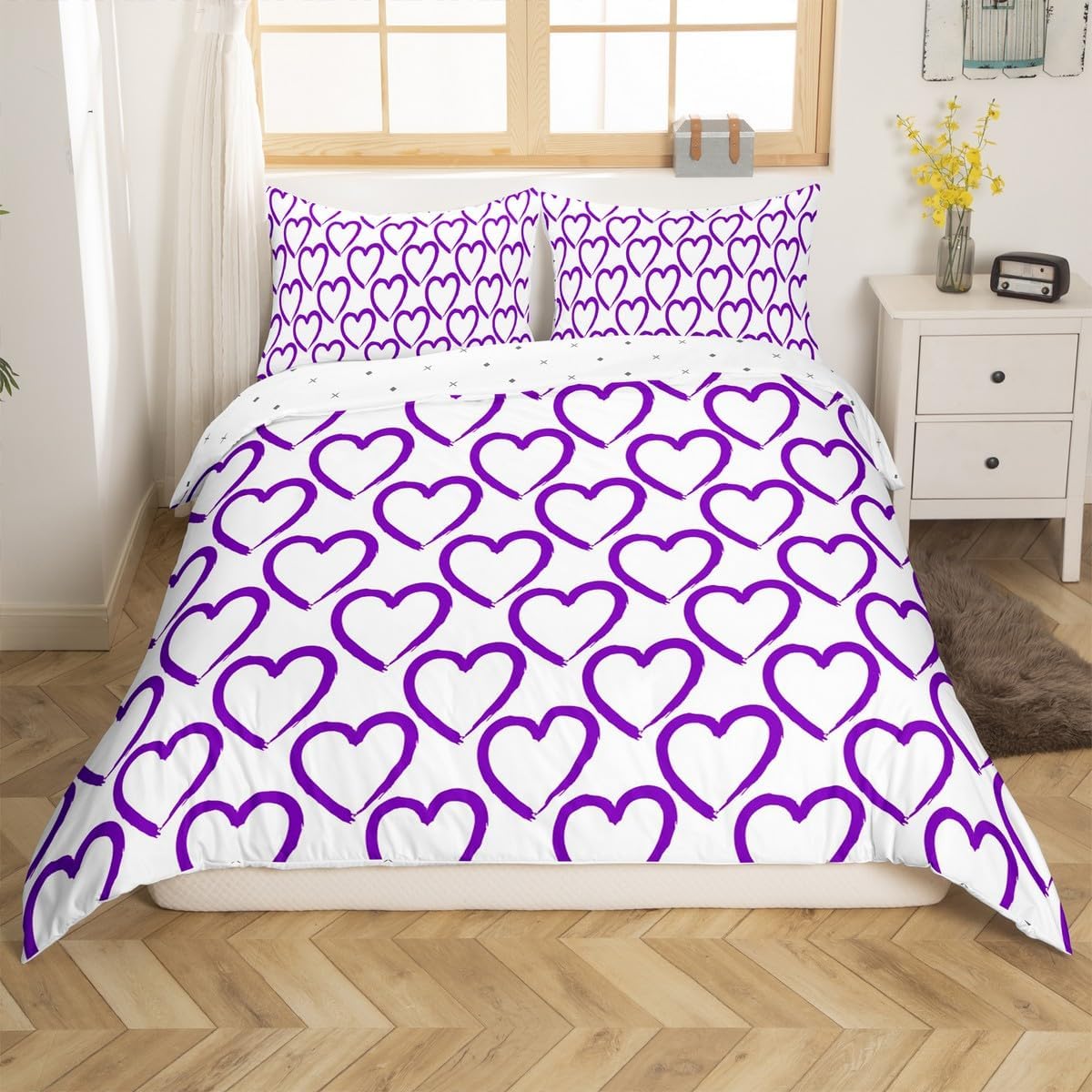 Erosebridal Love Duvet Cover Heart Shaped Bedding Sets,Purple Lattice Comforter Cover Reversible Buffalo Plaid Geometric Grid Bed Set for Women Men Girls Teens Love Heart Kawaii Room Decor Queen