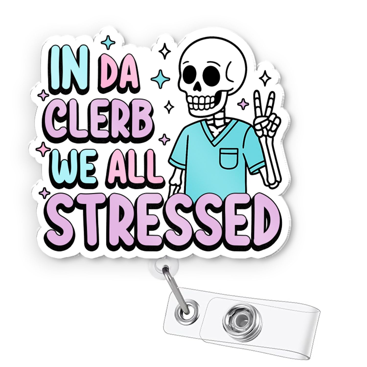 AZGUAMI Funny Badge Reel for Nurse – Retractable Cute ID Badge Holder with Belt Clip for LPN, RN, CNA, ER, Surgeon, Surgical Tech – in Da Clerb We All Stressed Halloween Skeleton Doctor Gift