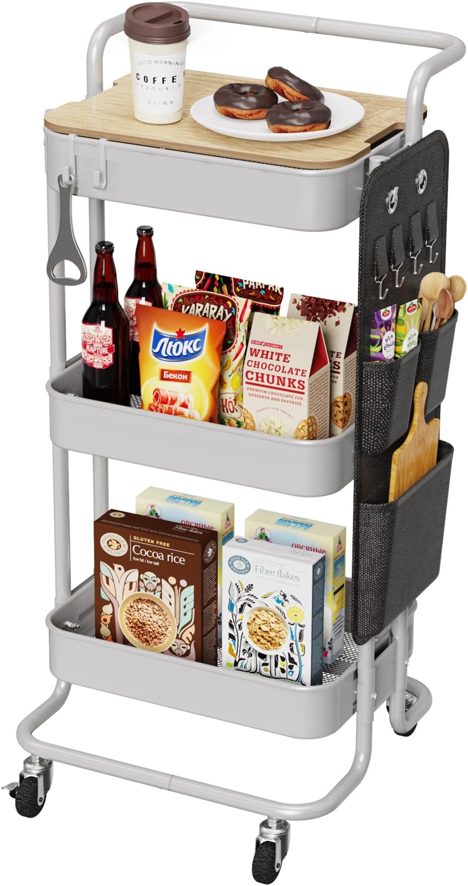 Merapi 3 Tier Metal Rolling Cart with Table Top, Utility Cart with Wheels & Side Bags, Rolling Storage Cart for Teachers, Art Craft Cart with 4 Hooks for Kitchen Bathroom Office Classroom Gray