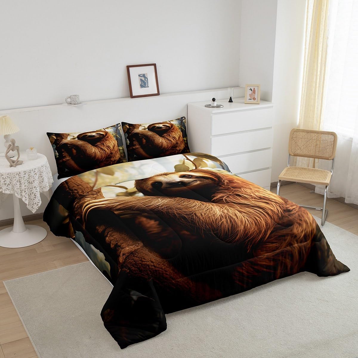Castle Fairy Cute 3D Sloth Bedding Set Queen Size Wild Jungle Animal Comforter Set Teens Room Decor Lovely Brown Sloth Down Comforter Tropical Plant Quilt Set with 2 Pillowcases