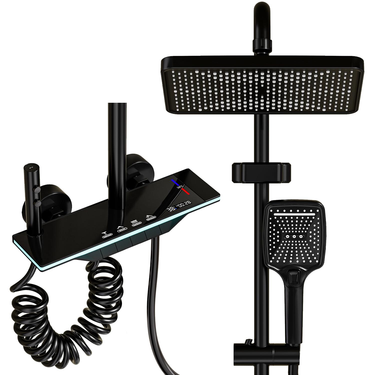 YJYAJIE Colonna Doccia con Miscelatore, Set Doccia Quadrato con Display a LED, Soffione Doccia Grande 31x20cm, Doccetta a 3 Funzioni, Getto Concentrato e Rubinetto per Vasca, Nera