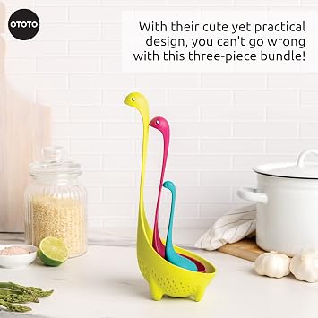 The Nessie Family by OTOTO - Pack of 3 Tea Infuser, Soup Ladle, and Colander - Cute Kitchen Accessories, Cooking Gifts, Funny Kitchen Gadgets, Kitchen Gifts
