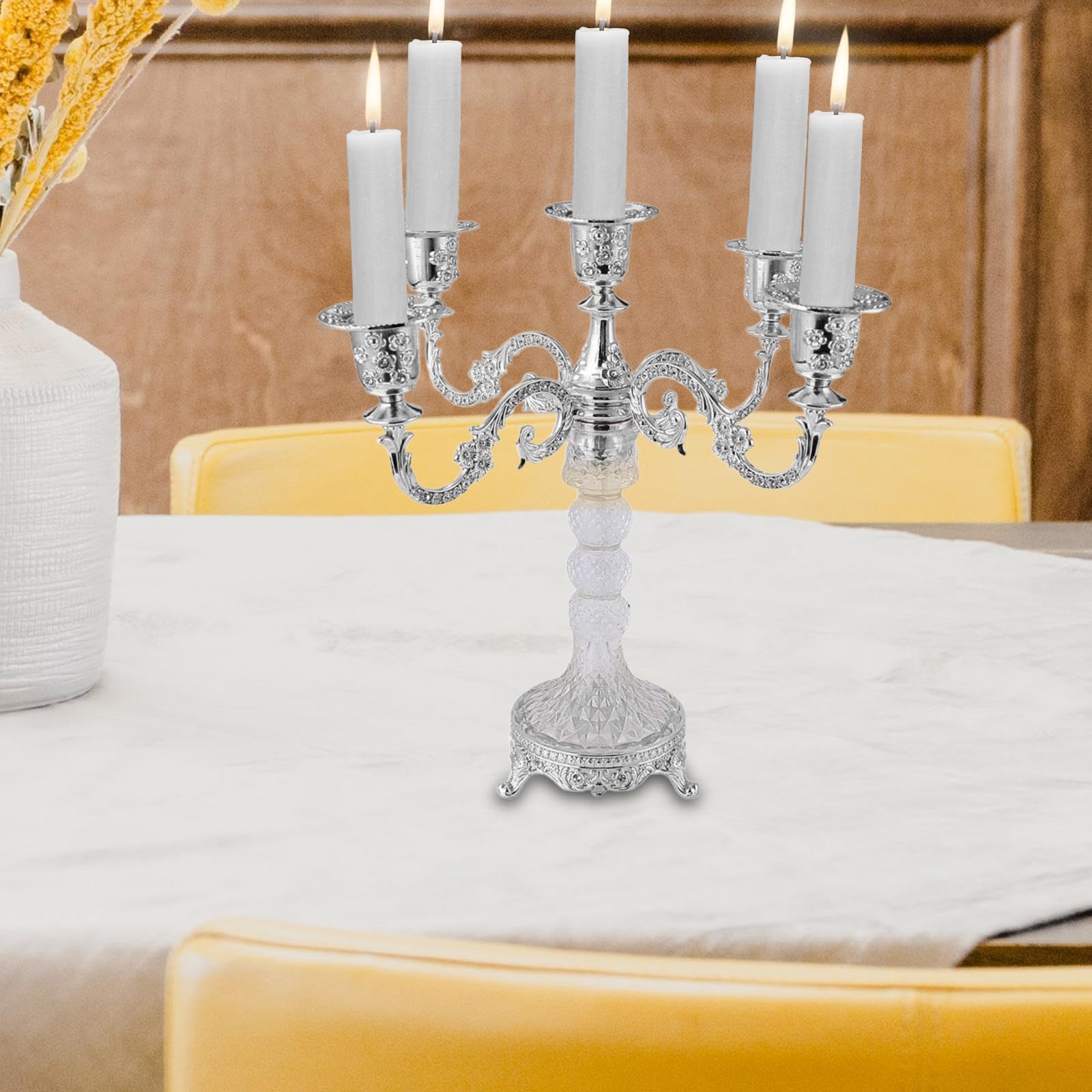 Candelabro cónico de Cinco Brazos, Ideal para Interiores como Bodas y cenas, Plata, Individual