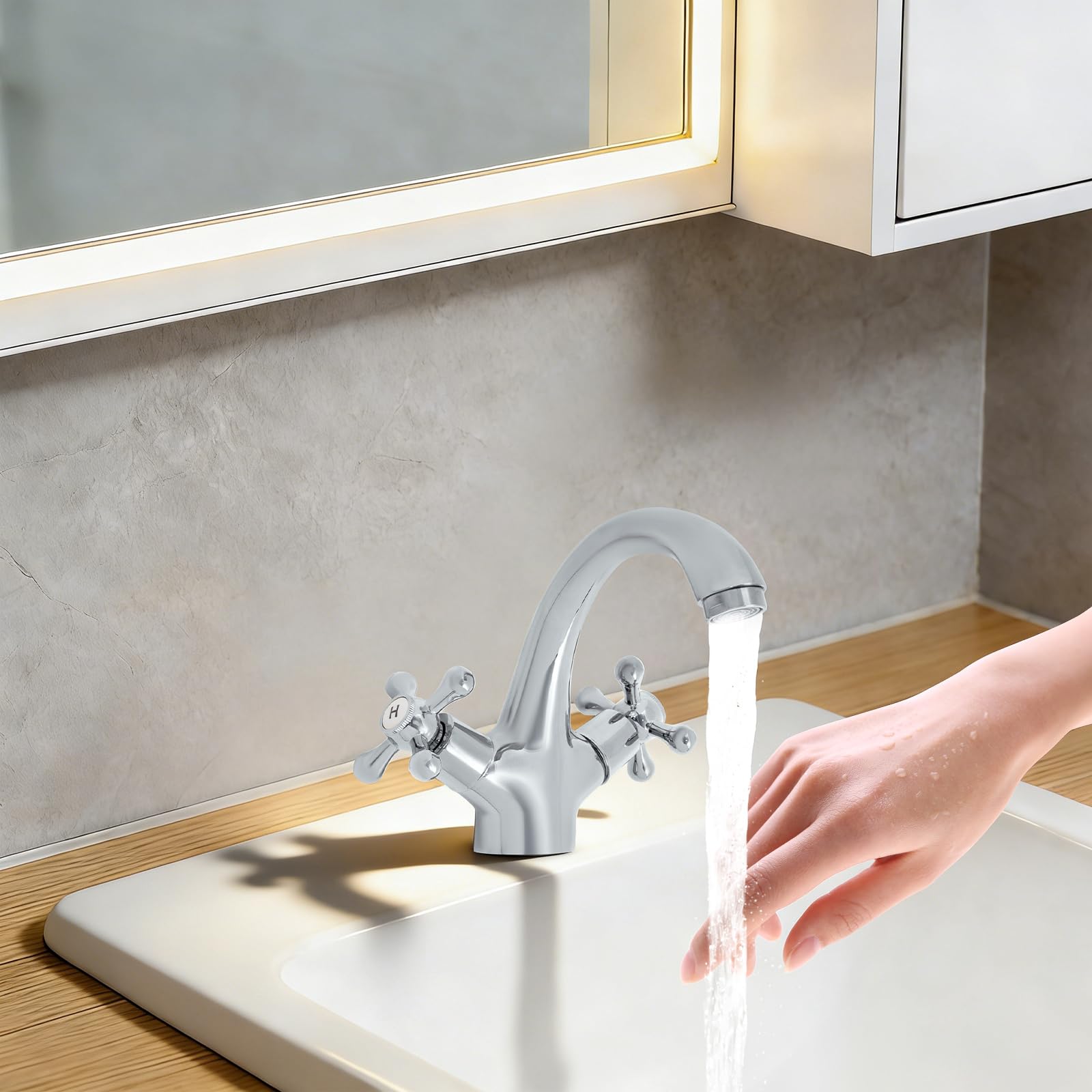 Grifo de lavabo de latón cromado con dos manijas y cartucho de cerámica G1/2