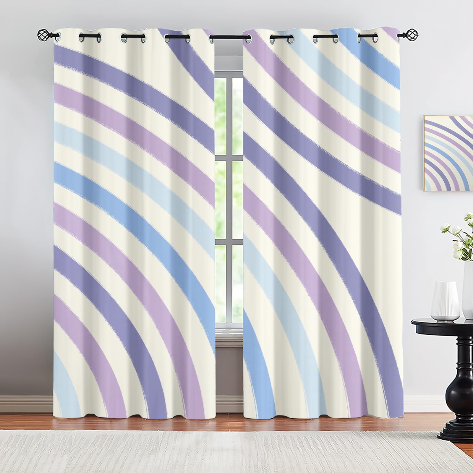 FIHIOJA Light Purple Curved Stripes Thermal Insulated Drapes, Blue Gradient Color Abstract Art Blackout Curtains, 2 Panels Panels Window Curtains, for