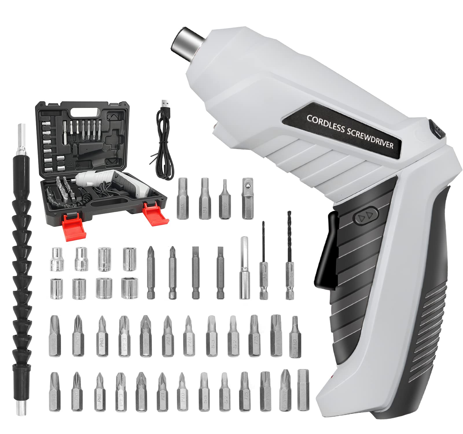 Hendoct Cordless Screwdriver, 47pcs Cordless Electric Screwdriver Small, Rechargeable and Rotating Cordless Screwdriver with Built-in LED Grey