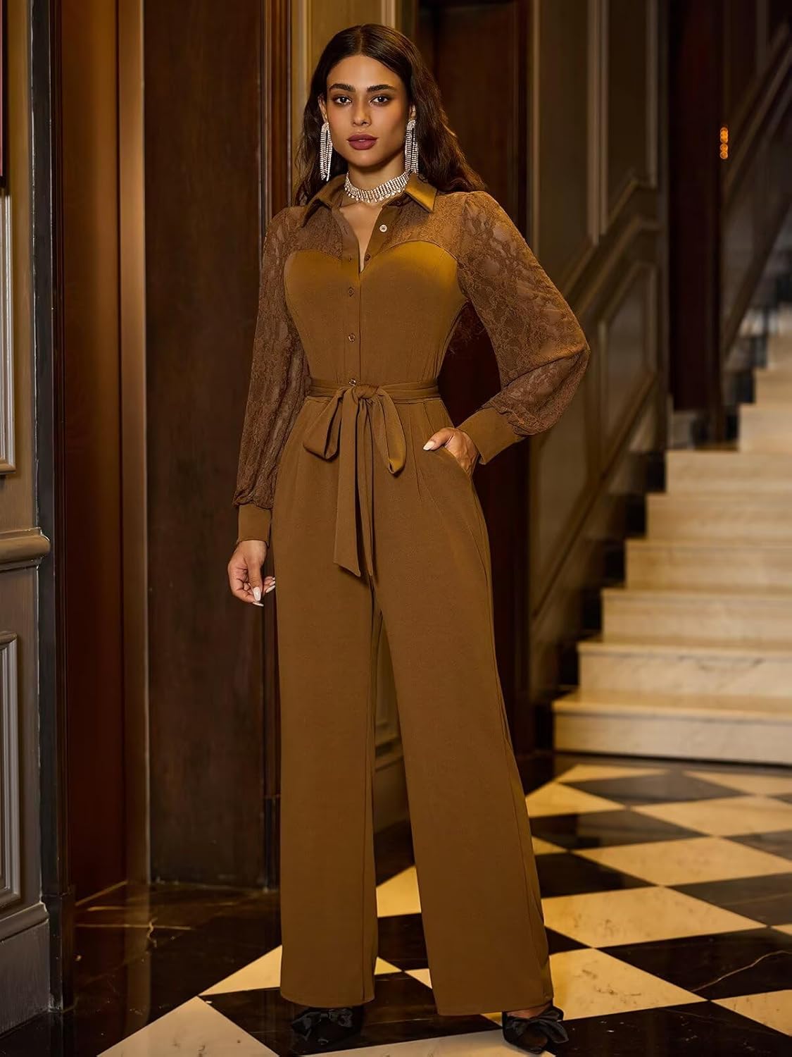 Elegant Jumpsuit for Women Dressy Sexy Lace Puff Sleeve Wide Leg Pant Suit One Piece Formal Outfits - Image 4