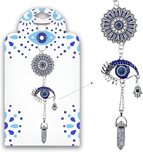 LUCKBOOSTIUM Adorno plateado contra el mal de ojo con cadena de bolas con cristal azul, mano de Hamsa, piedra colgante para buena suerte y
