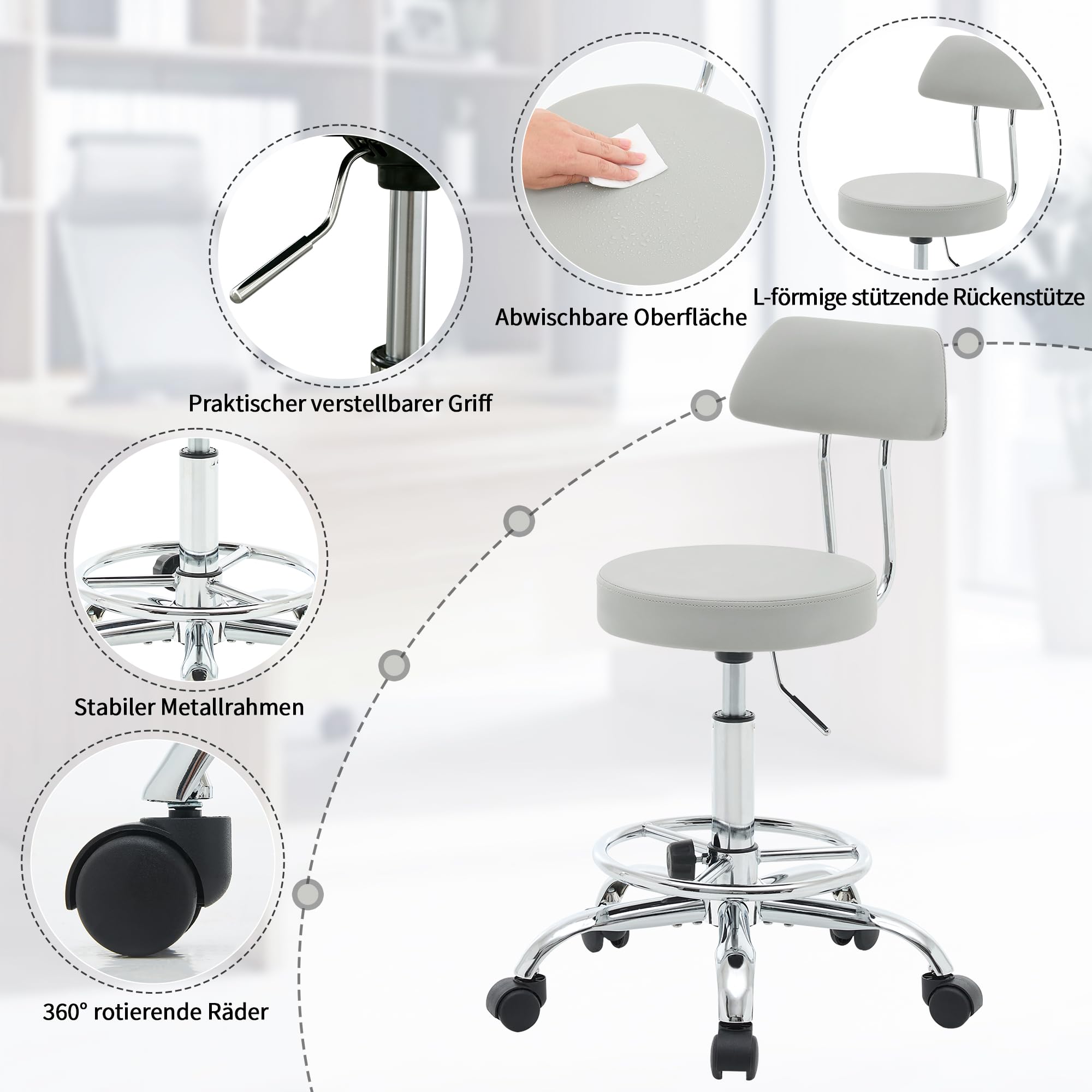 FIRAVOE Ergonomischer Büro-Zeichenstuhl, höhenverstellbarer Rollhocker mit Fußstütze 49,5–67,6 cm, Laborhocker aus Kunstleder mit Rückenlehne