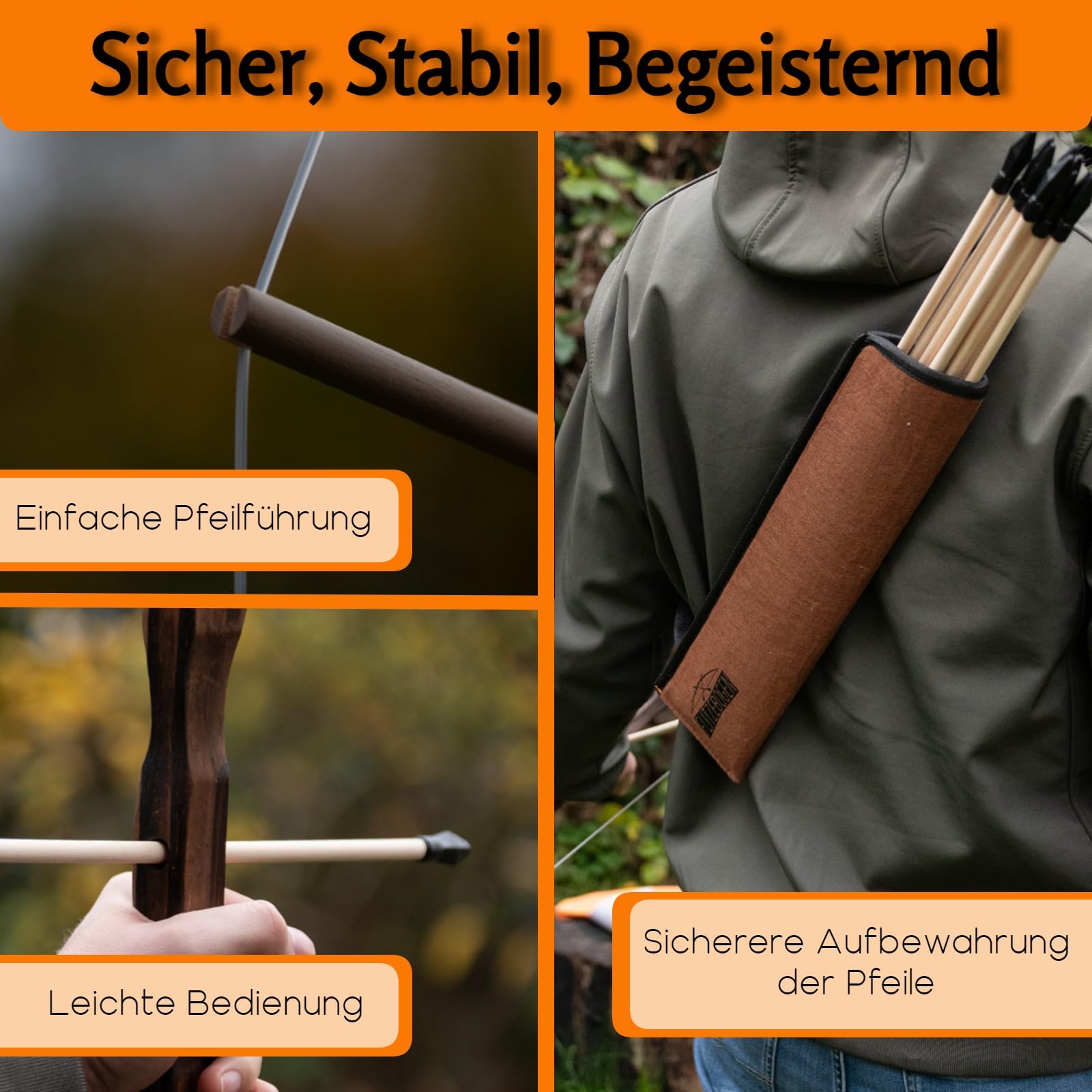 FLITZEBOGEN Pfeil und Bogen Kinder Set | 10 Pfeile mit Gummispitze, Köcher | Zielscheiben, Tasche | Bogenschießen Kinder Spielzeug ab 5 Jahren | Kinderbogen aus Holz | Rechts- und Linkshänder