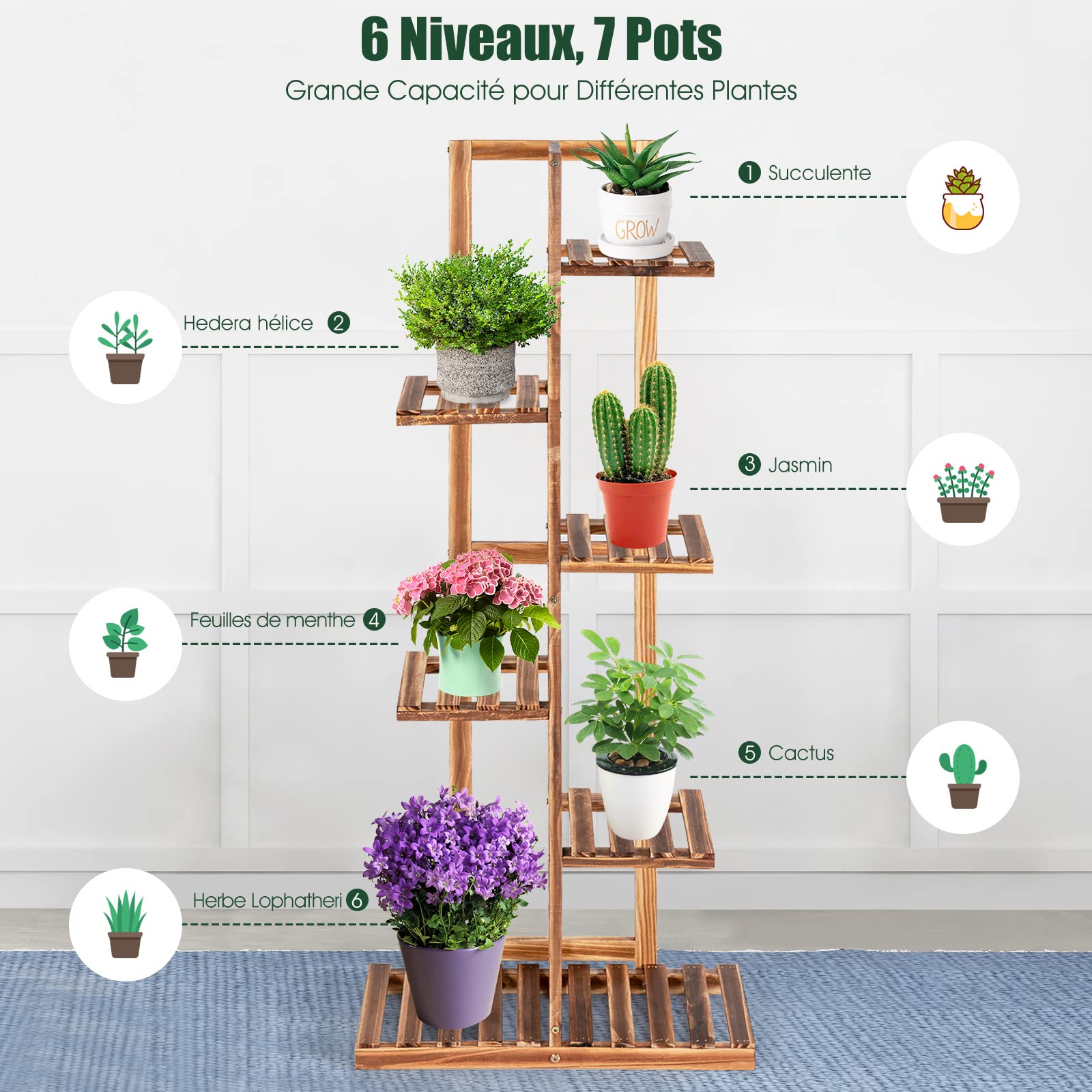 GOPLUS Porte-plantes à 5/6 Niveaux, Étagère à Fleurs en Bois de Pin, Support à Plantes pour Jardin, Balcon, Extérieur et Intérieur (6 Niveaux)