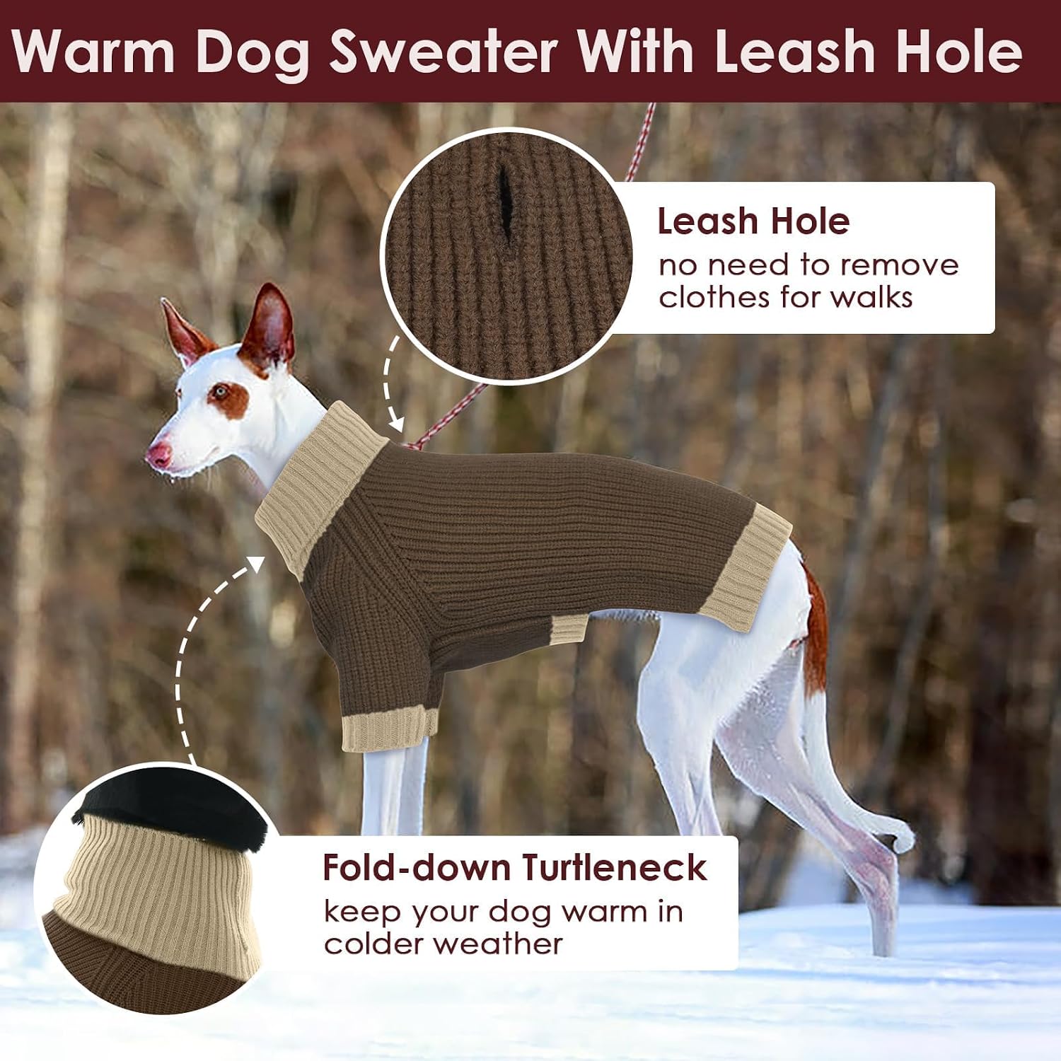 Dog Sweater XXXL, Turtleneck Sweaters with Leash Hole, Soft Knit Pullover for Large Dogs Male Female, Winter Thermal Pet Sweaters for Doberman Labrador, Brown 3XL