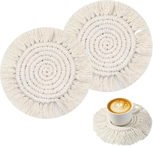 Miniatura 1 de Juego de 2 posavasos bohemios de macramé, posavasos absorbentes para bebidas, redondos tejidos a mano para decoración bohemia del hogar, posavasos