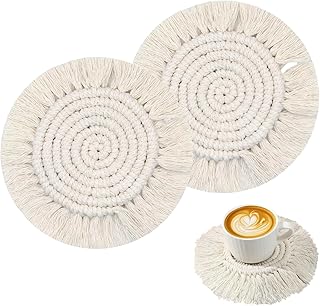 Desk Coasters Set of 2, Cute Coaster for Desk, Round Handmade Woven Coaster for Boho Home Decor, CupCoasters for Office Kitchen Dining Room Bar Farmhouse, Coasters Set for Drinks, Beer, Coffee