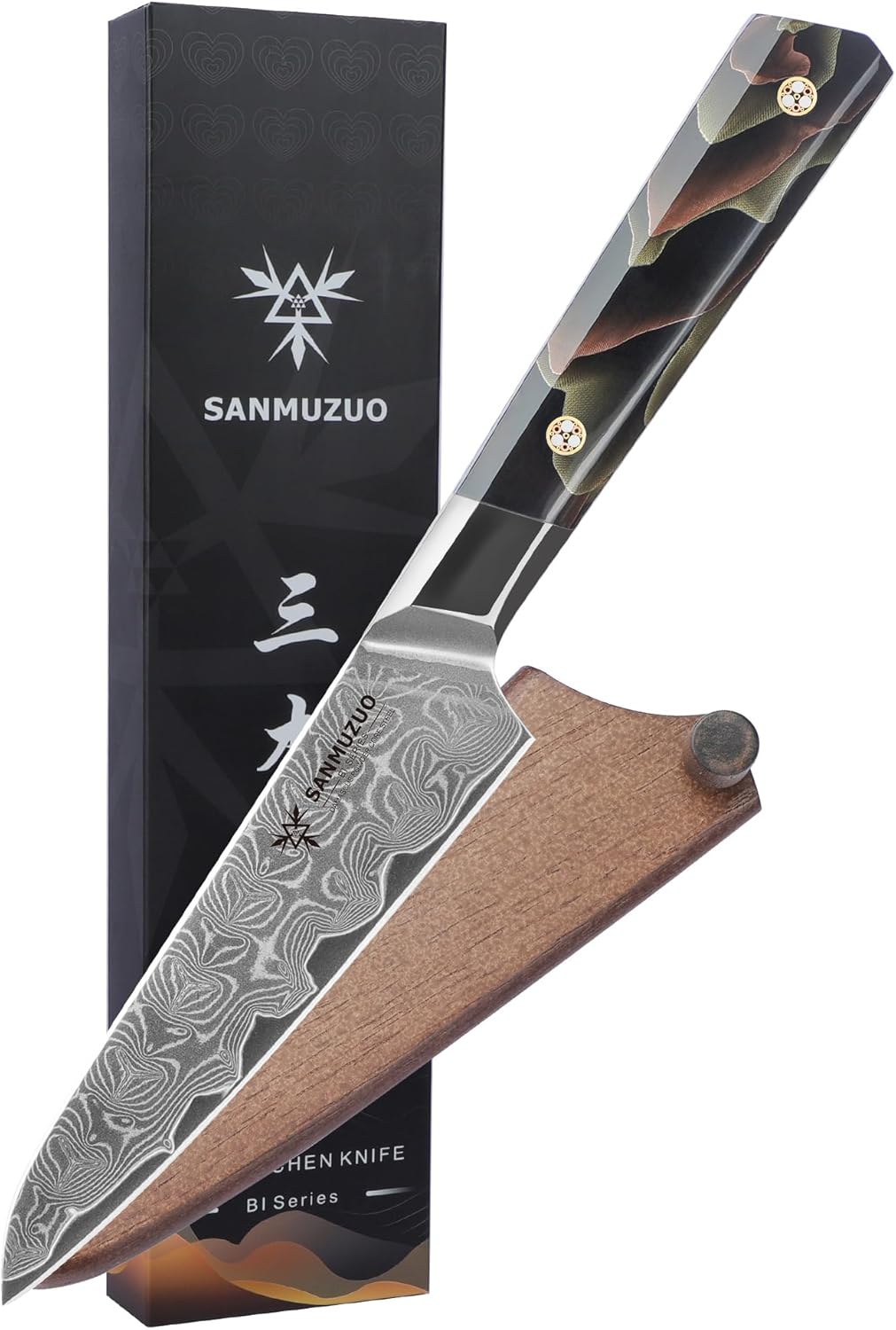 Kitchen Utility Knife 5 Inch, Professional Kitchen Chef Knife, Ultra Sharp Damascus Powder Steel with Full-tang Resin Handle, Bi Series