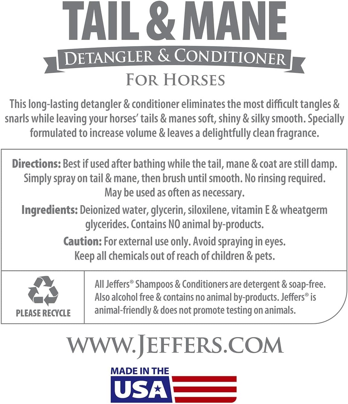 Jeffers Equine Tail & Mane Detangler Conditioner Spray for Horses, 128 oz – Soft & Silky Finish, Soap Free, Eliminates Knots & Tangles, Frizz Control, Safe Volumizing Formula, Clean Fresh Scent
