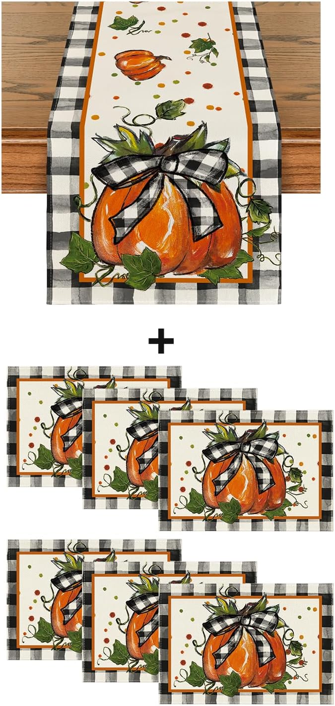 Artoid Mode Pumpkin Bow Buffalo Plaid Fall Place Mats 12x18 Inch Set of 6 and Table Runner 13x72 Inch