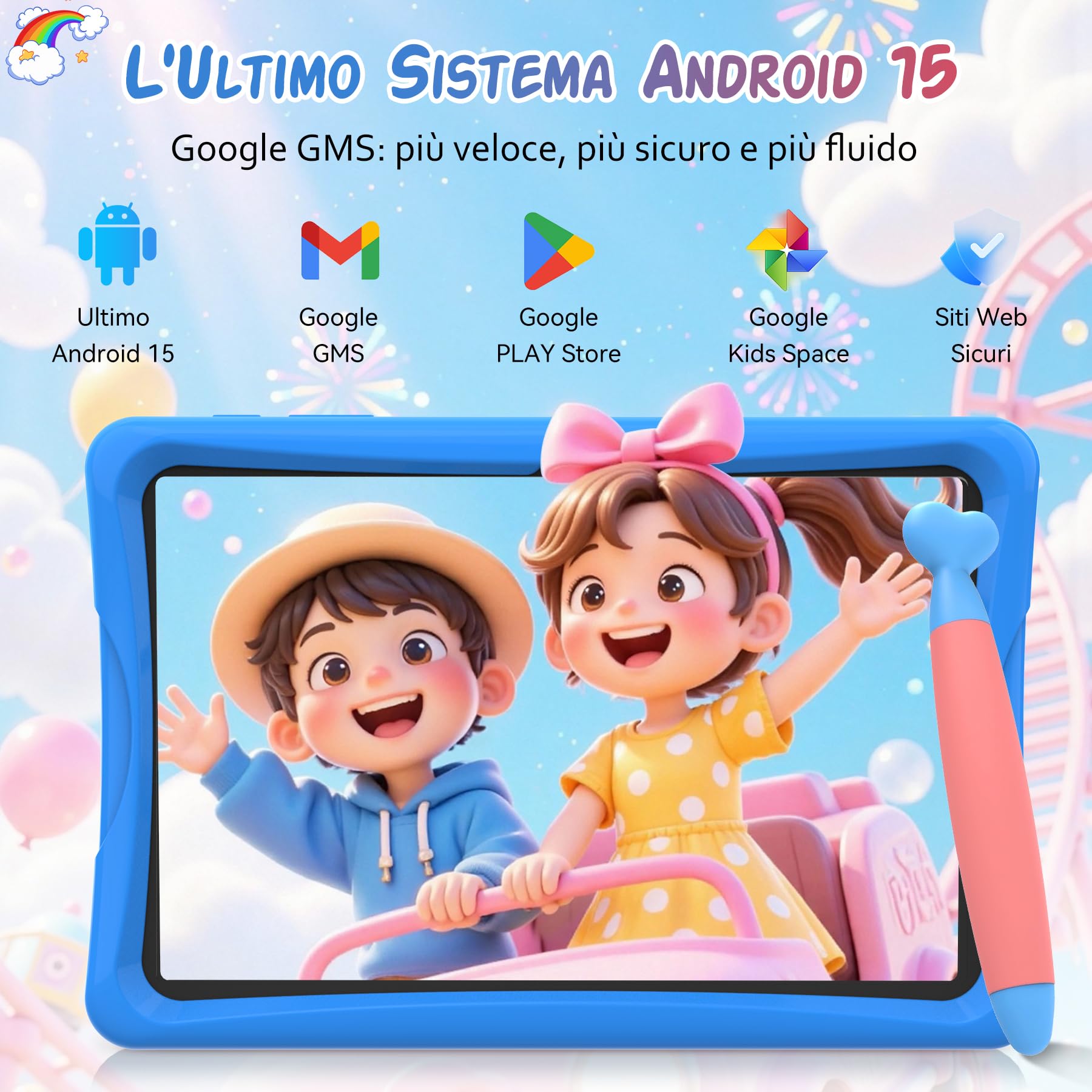 TABWEE Tablet per Bambini 10 Pollici, Tablets Android 15, 12 GB RAM + 64 GB ROM (2 TB TF), 5G WiFi, Bluetooth 5.0, 5000mAh, Controllo Genitori, Tablet Educativo per Bambini con Custodia EVE