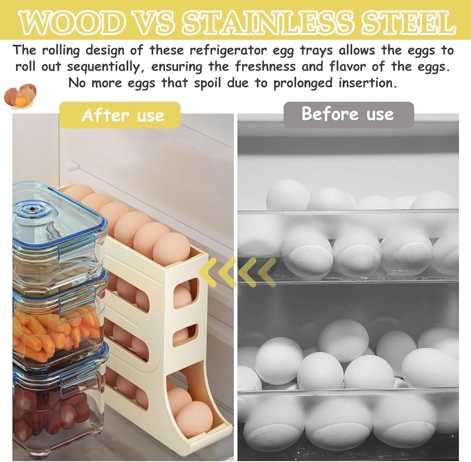 Soporte De Huevo De 4 Niveles para Nevera, Organizador De Huevos De Nevera Auto Rollig, Soporte De Huevo De Nevera para Nevera Kitche Coutertop Cabiet, Natural