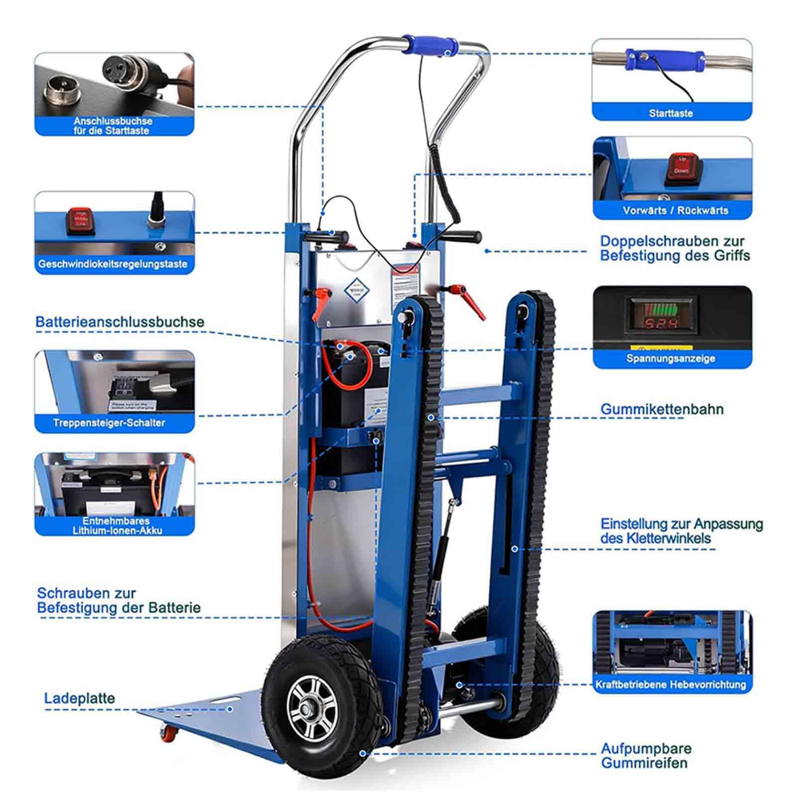 Carrello Elettrico da 1200 W, scaletta elettrica con capacità di carico di 880 lbs, con Batteria Rimovibile, con Corda di Sicurezza e Pompa ad Aria per Il Trasporto di mobili,008
