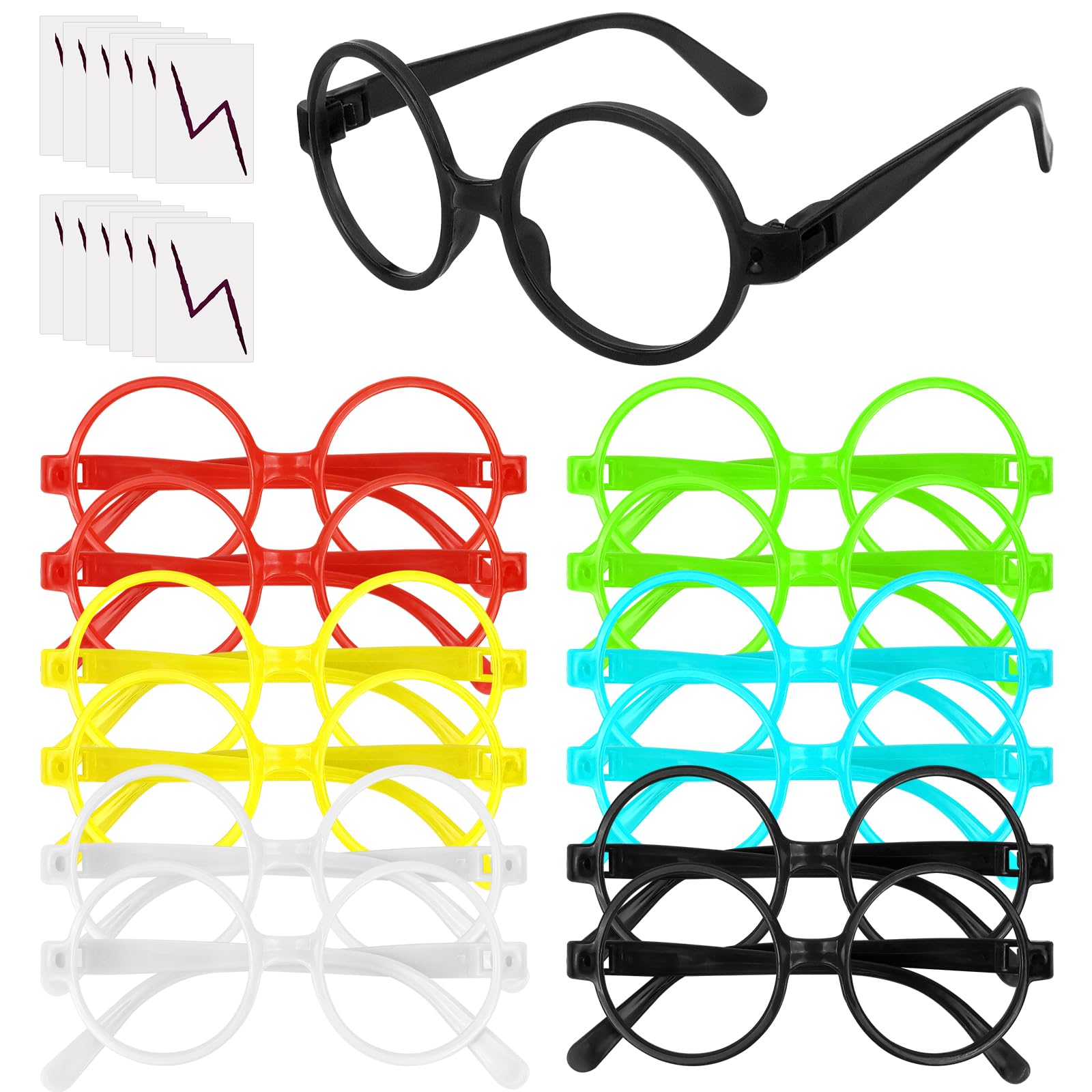 CHRORINE 24PCS Wizard Glasses without Lenses and 24PCS Lightning Bolt Tattoos Wizard Party Favors for Boys Girls School Decor Theme Halloween Supplies