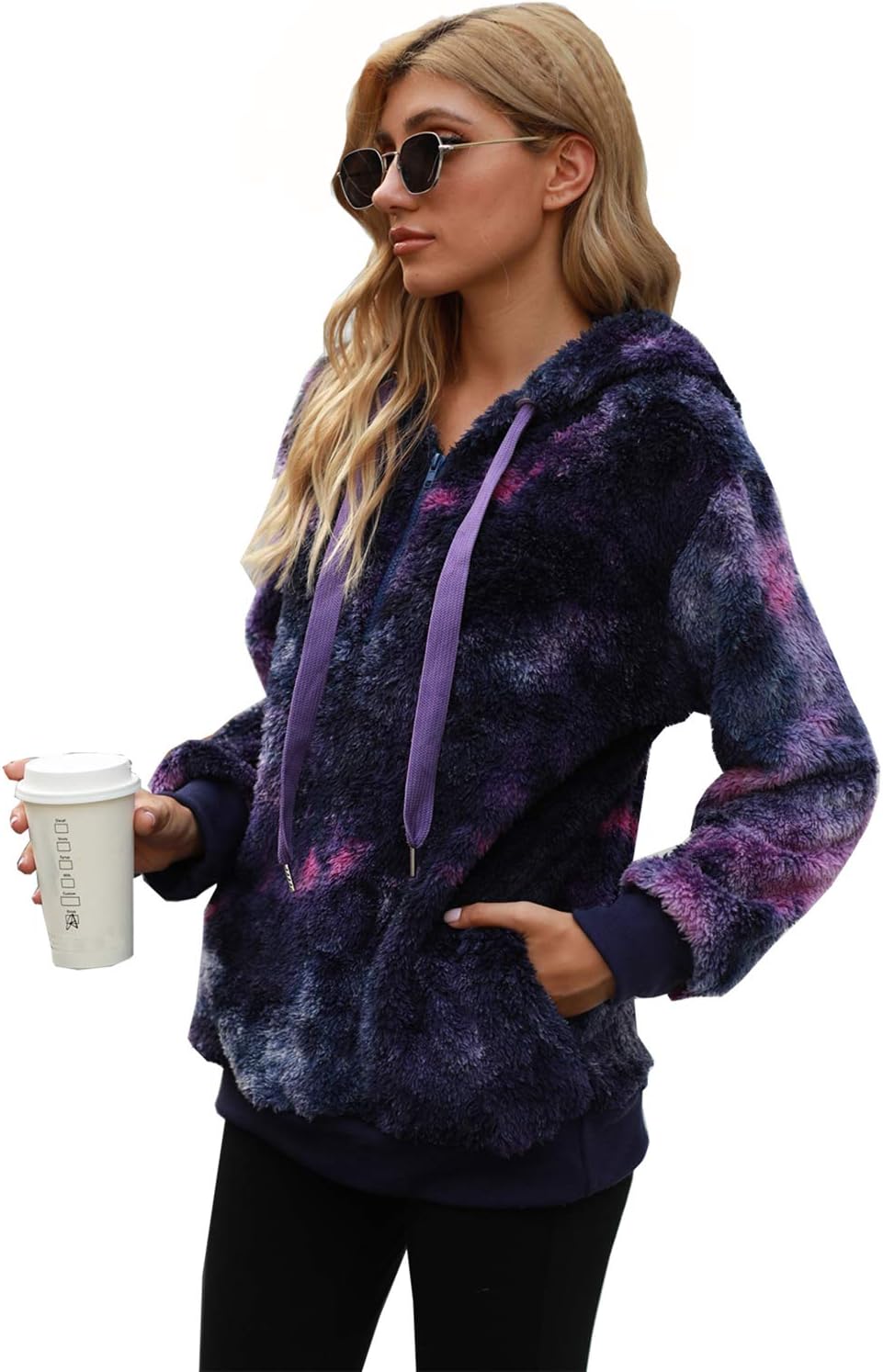 ReachMe Womens Oversized Sherpa Pullover Hoodie with Pockets Fuzzy Fleece Sweatshirt Plaid Fluffy Jacket Coat - Image 3