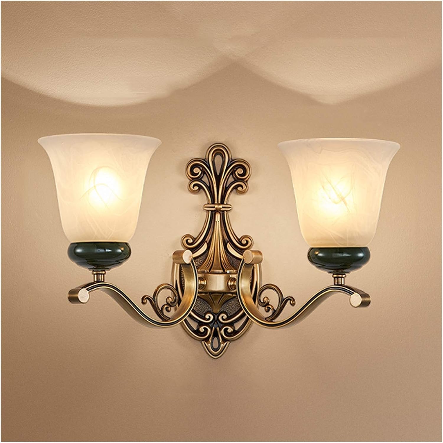 ASerZenith Copper Living Room Background Wall Lamp - Retro Bedroom Study Hallway Wall Light Wall-Mounted E27 Holder With Glass Lampshade,Chandelier Lamps,Double Head