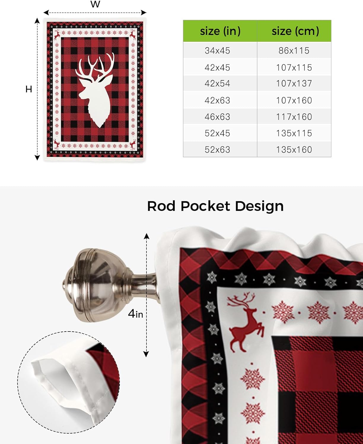YOKOU Bow Look Tie Up Balloon Curtain, Christmas Elk Red and Black Buffalo Checkered Snowflake Frame Adjustable Rod Pocket Window Shades Drape for Living Room, Bedroom，Kitchen 1 pcs 46 x63 inch