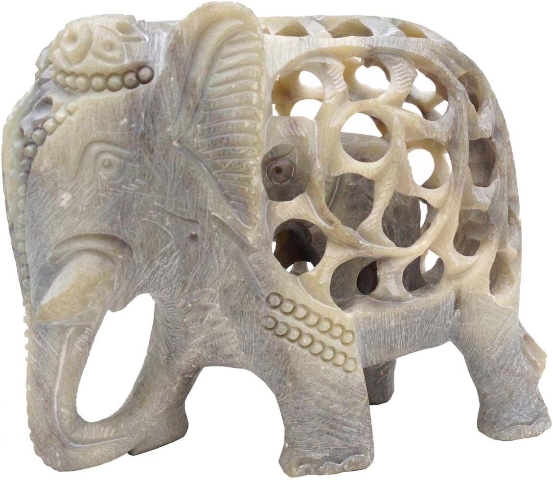 SimplyChill Hand Carved Undercut Soapstone Elephant Ornaments Statues Handmade each with a Baby Elephant Carved Inside - 3 (Large)