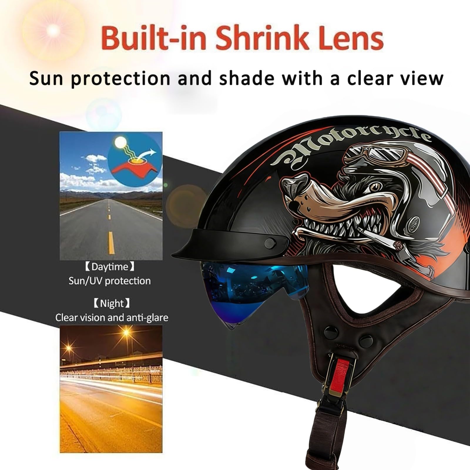 Kask motocyklowy retro ECE 22.06 z certyfikatem ECE 22.06, pasuje do cruiserów, chopperów, motorowerów i skuterów; kask z wizjerem dla kobiet i mężczyzn, 5,M (52-54 cm)