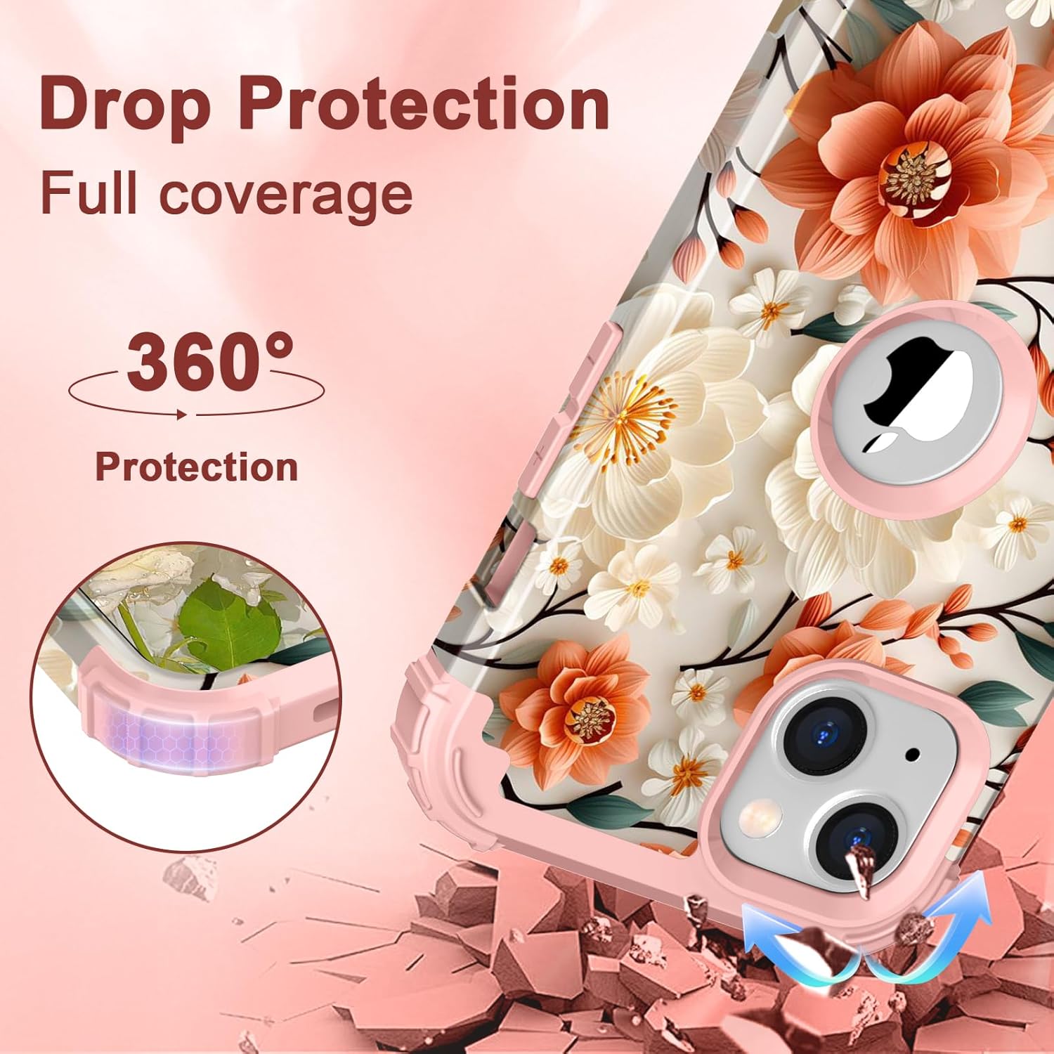 PIXIU Unique Flower Pattern Compatible with iPhone 13/14 6.1 inch case, Heavy Duty Dual Layer Shockproof Full-Body Protective Sturdy Hybrid Cute Rugged Case for Women,Girls,Kids-White/Orange - Image 5