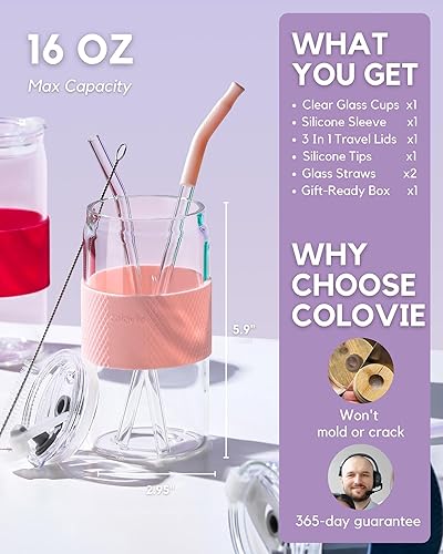 Vista 4 de ColoVie Vaso de vidrio con tapas 3 en 1 y popotes de vidrio (puntas de silicona adicionales), funda protectora de silicona, taza de café helado